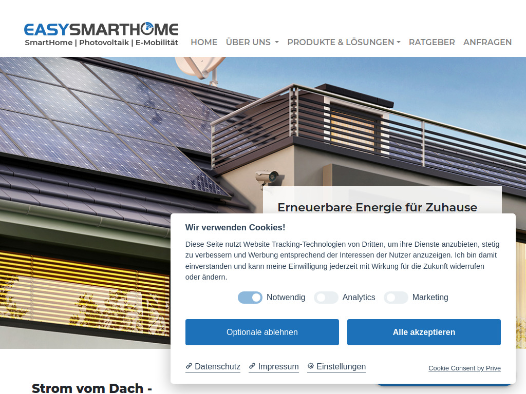 Website von EASY SmartSolar: Erneuerbare Energie für zuhause