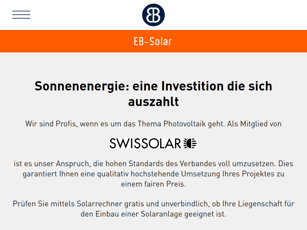 Website von EB-Solar - Elektro Bernhardsgrütter AG