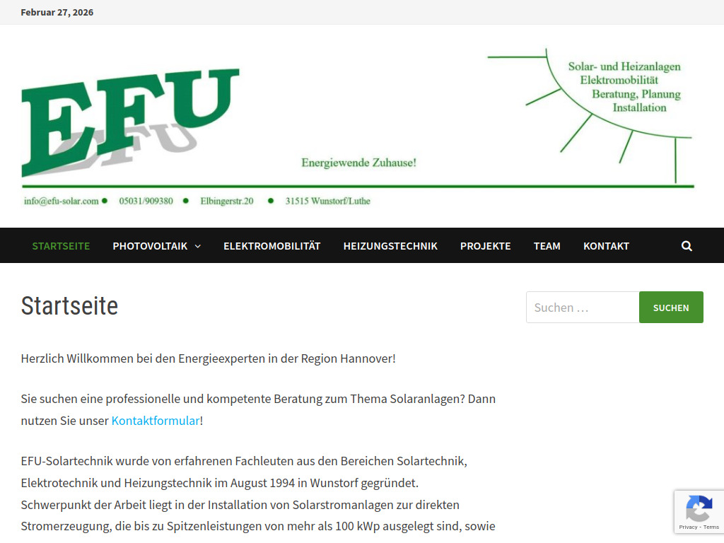 Website von EFU-Solartechnik in Wunstorf