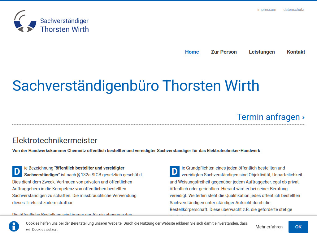 Website von Sachverständigenbüro Thorsten Wirth in Auerbach