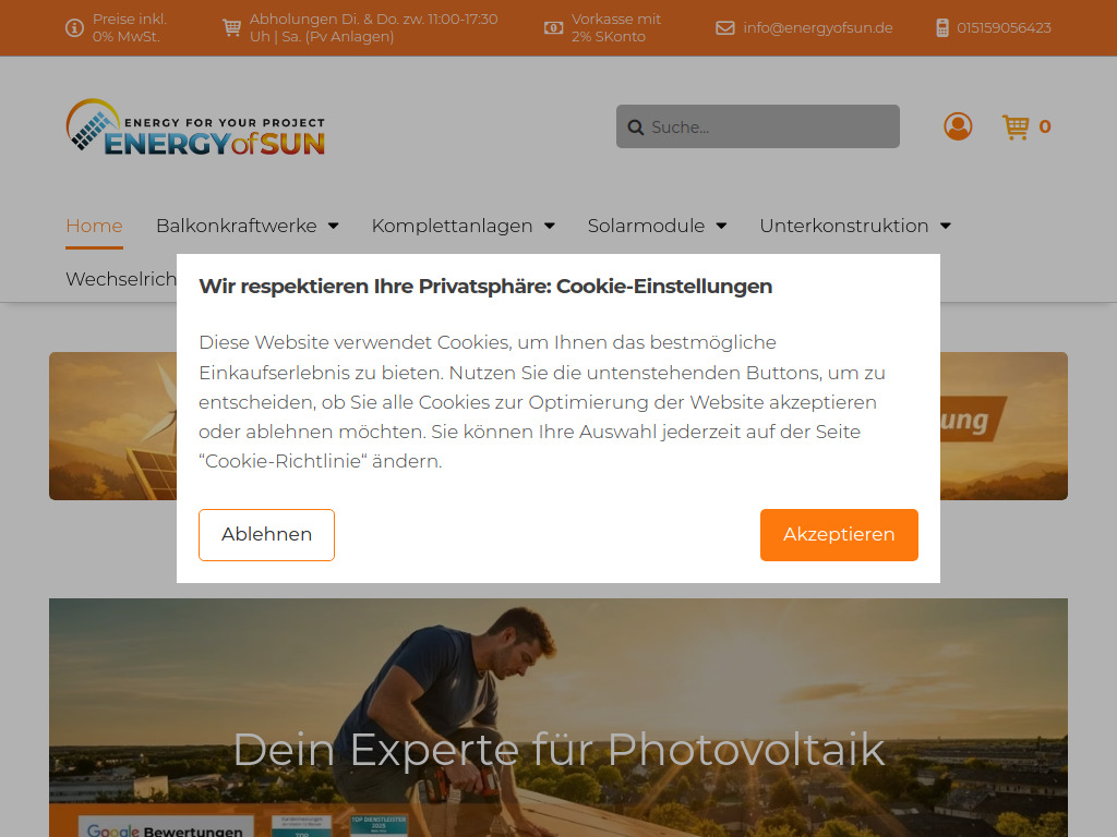 Website von Anbieter für Photovoltaik-Komplettanlagen für Flachdach und Schrägdach