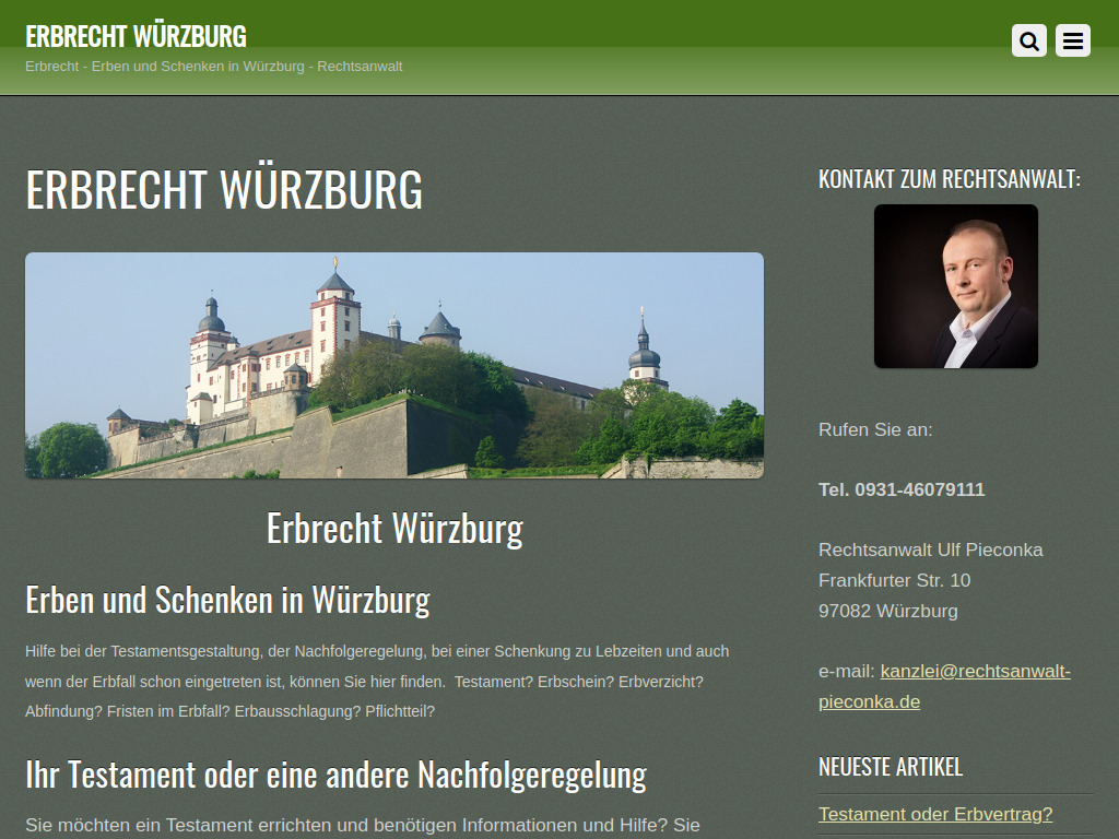 Website von Rechtsanwaltskanzlei Ulf Pieconka in Würzburg