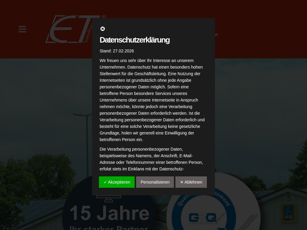 Website von ET SolarPower GmbH in Hockenheim