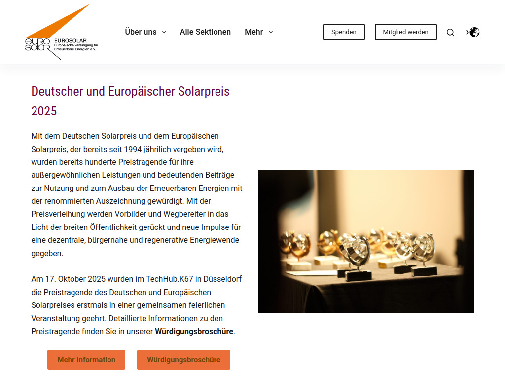 Website von EUROSOLAR – Europäische Vereinigung für Erneuerbare Energien e.V. in Bonn