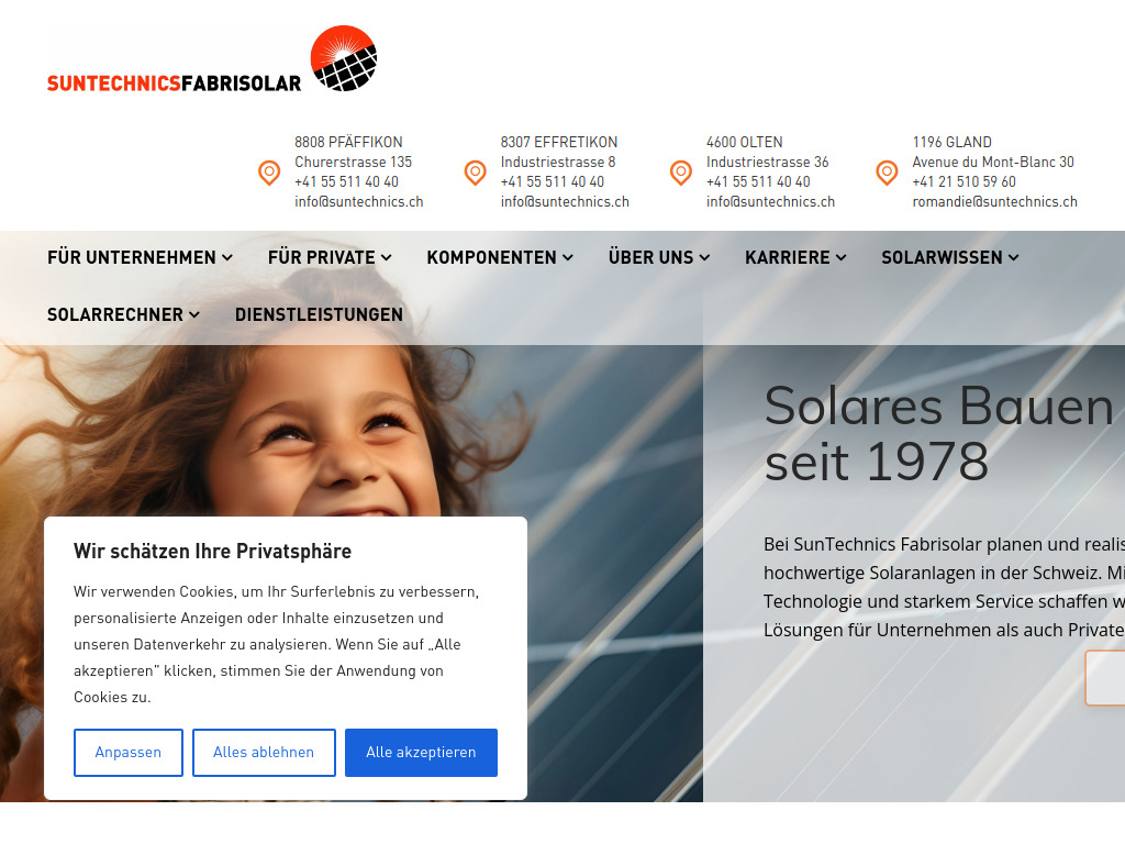 Website von SunTechnics Fabrisolar AG in Pfäffikon