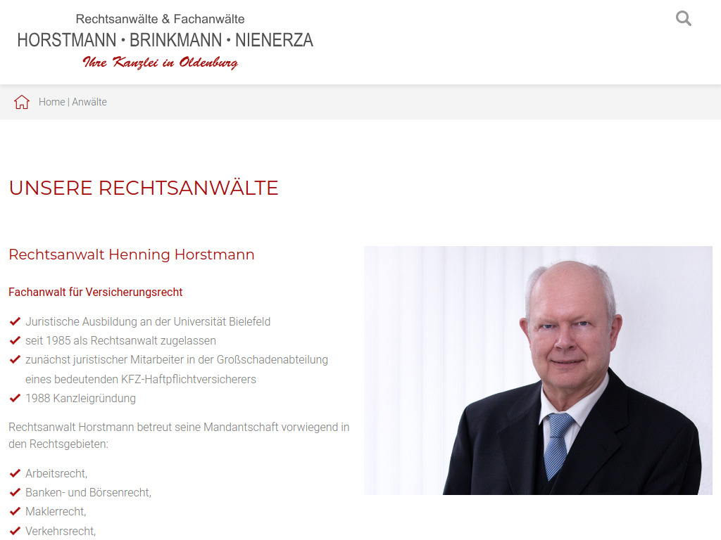 Website von Horstmann, Brinkmann, Nienerza Rechtsanwälte in Oldenburg