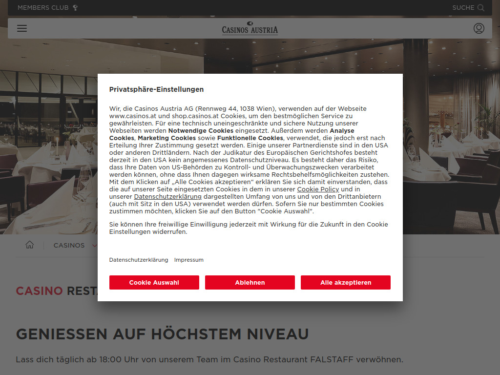 Website von Falstaff Restaurant im Casino Bregenz in Bregenz