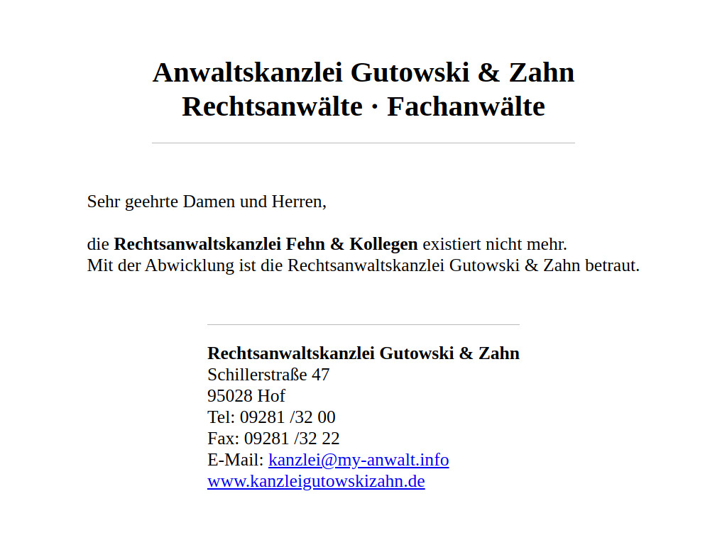 Website von Rechtsanwaltskanzlei Gutowski & Zahn in Hof