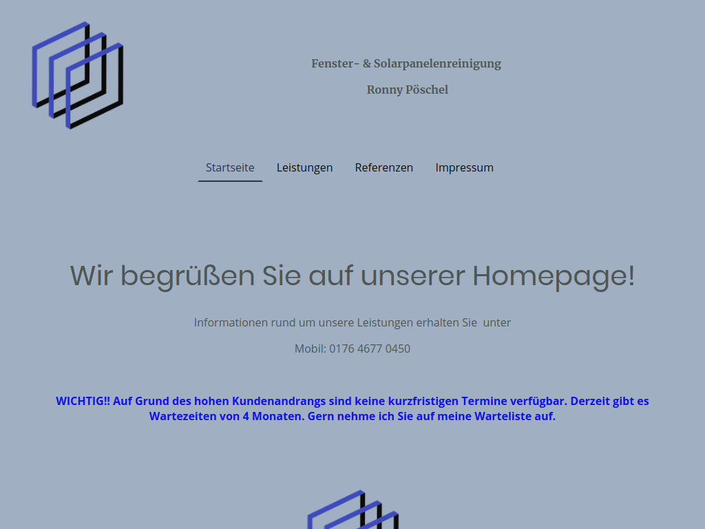 Website von Fenster & Solarpanelenreinigung Ronny Pöschel in Geilnau