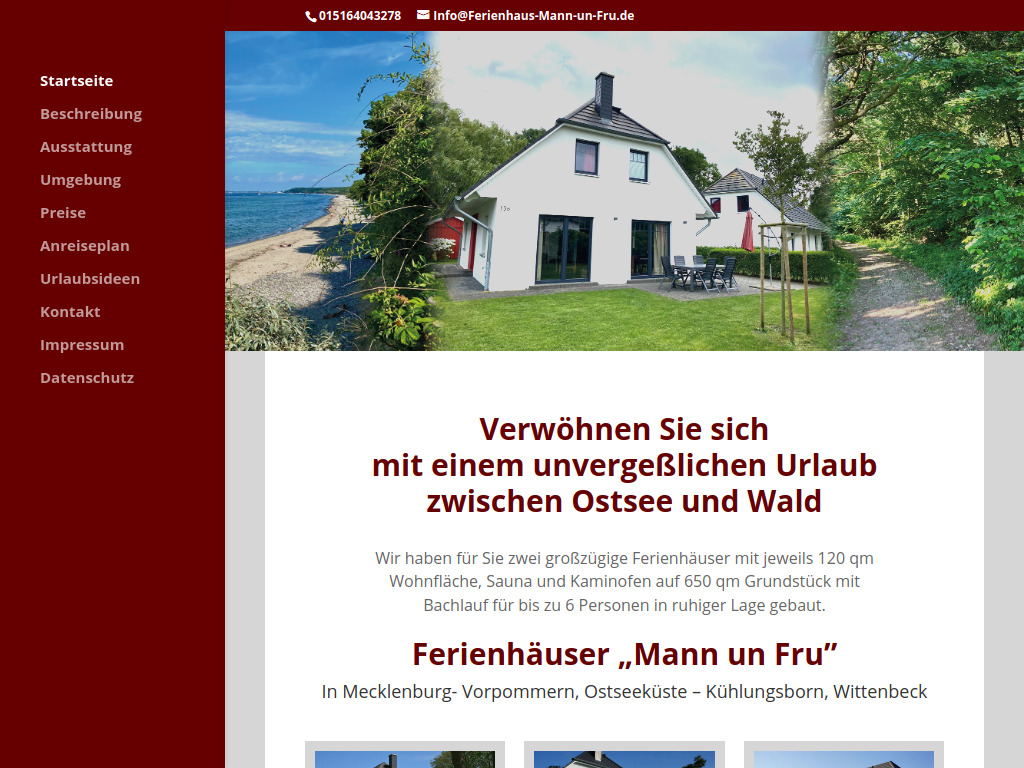 Website von Ferienhäuser „Mann un Fru" in Wittenbeck