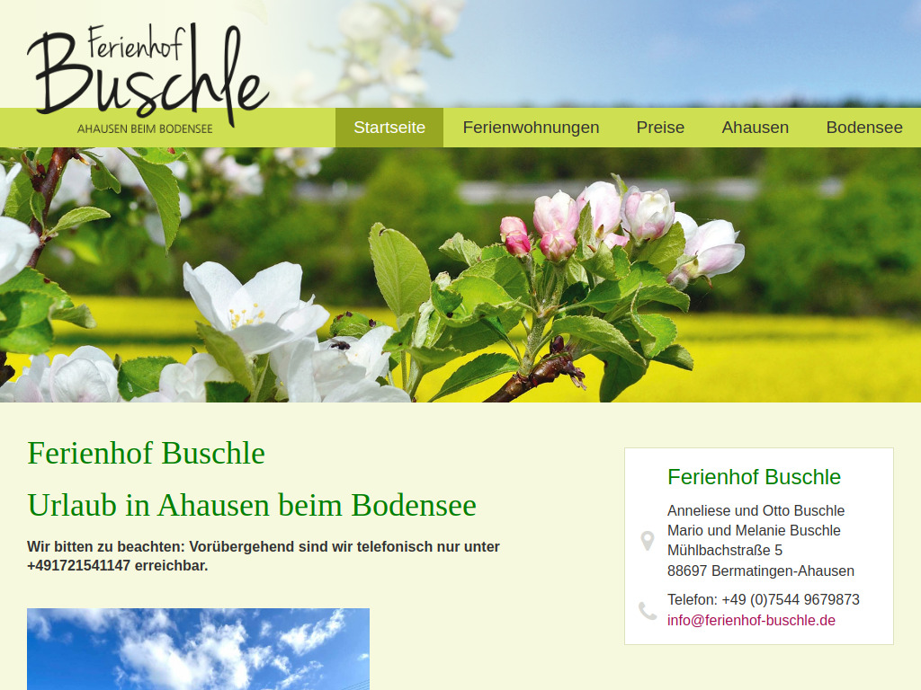 Website von Ferienhof Buschle in Bermatingen-Ahausen