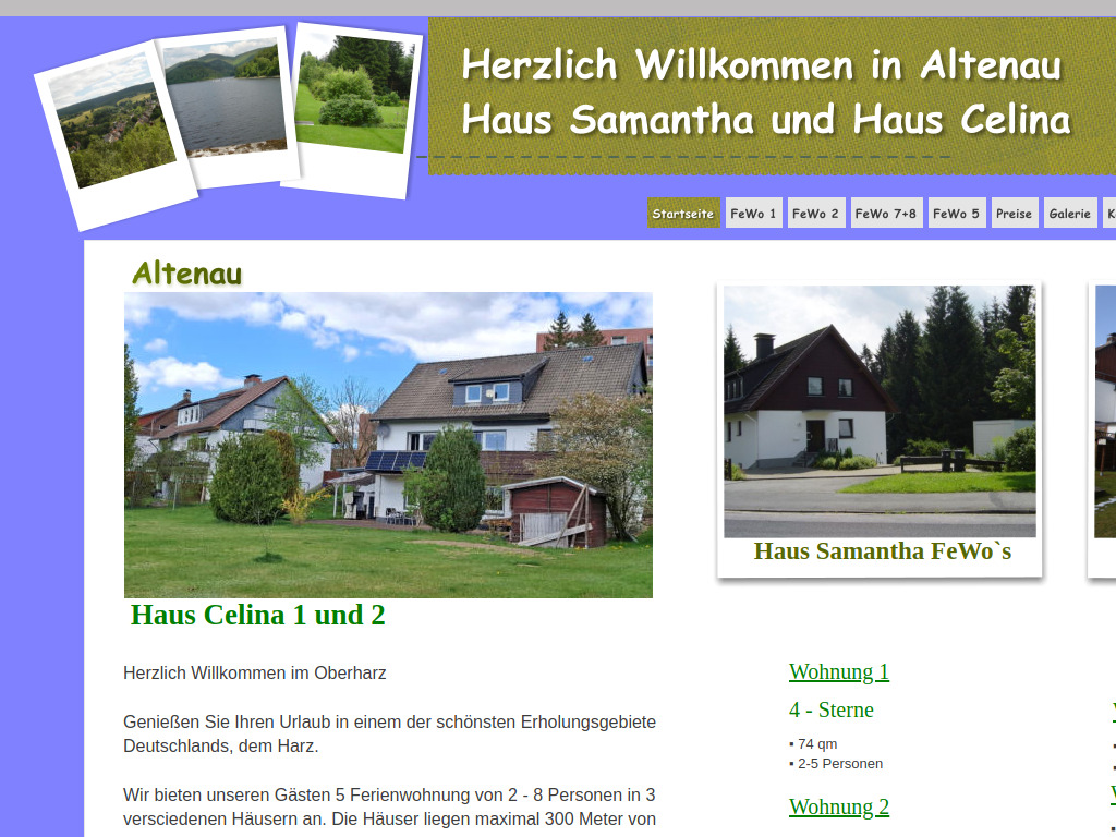 Website von Haus Samantha und Haus Celina in Altenau