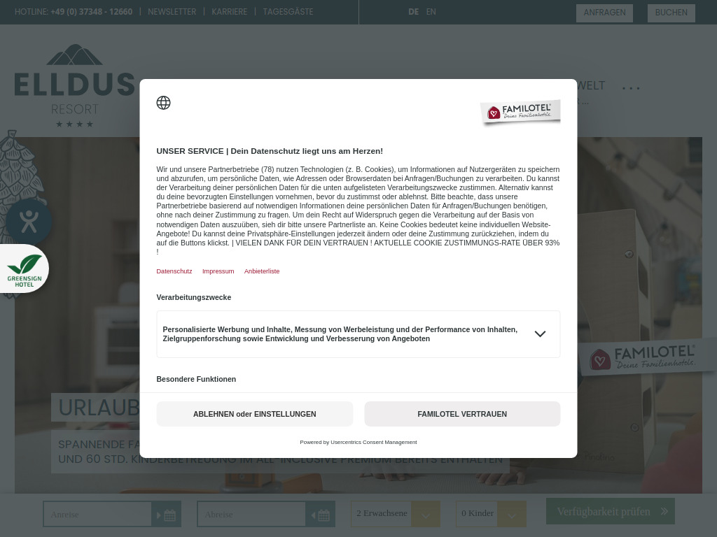 Website von Elldus Resort in Oberwiesenthal