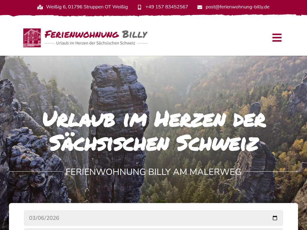 Website von Ferienwohnungen Billy in Struppen OT Weißig