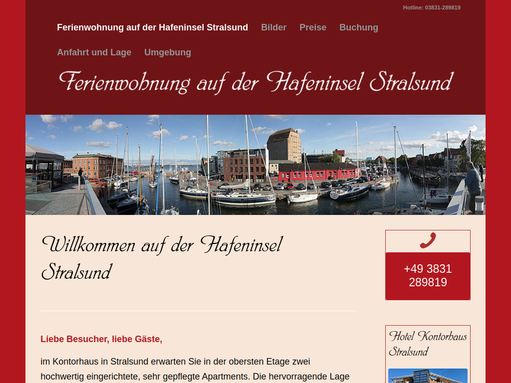 Website von Ferienwohnung auf der Hafeninsel Stralsund in Stralsund