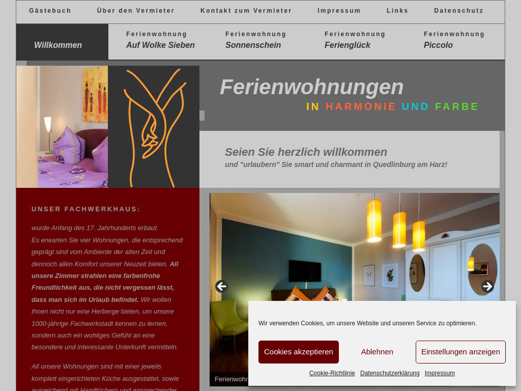 Website von Ferienwohnungen in Harmonie und Farbe in Quedlinburg