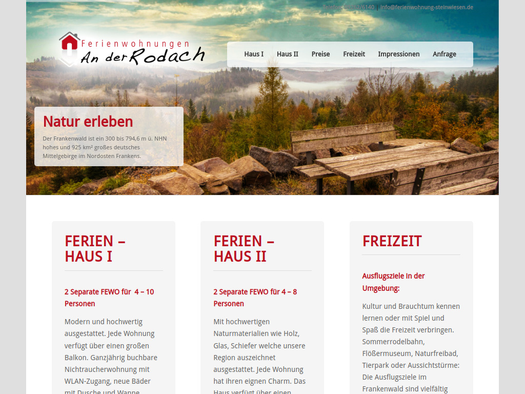 Website von Ferienwohnungen „An der Rodach" in Steinwiesen
