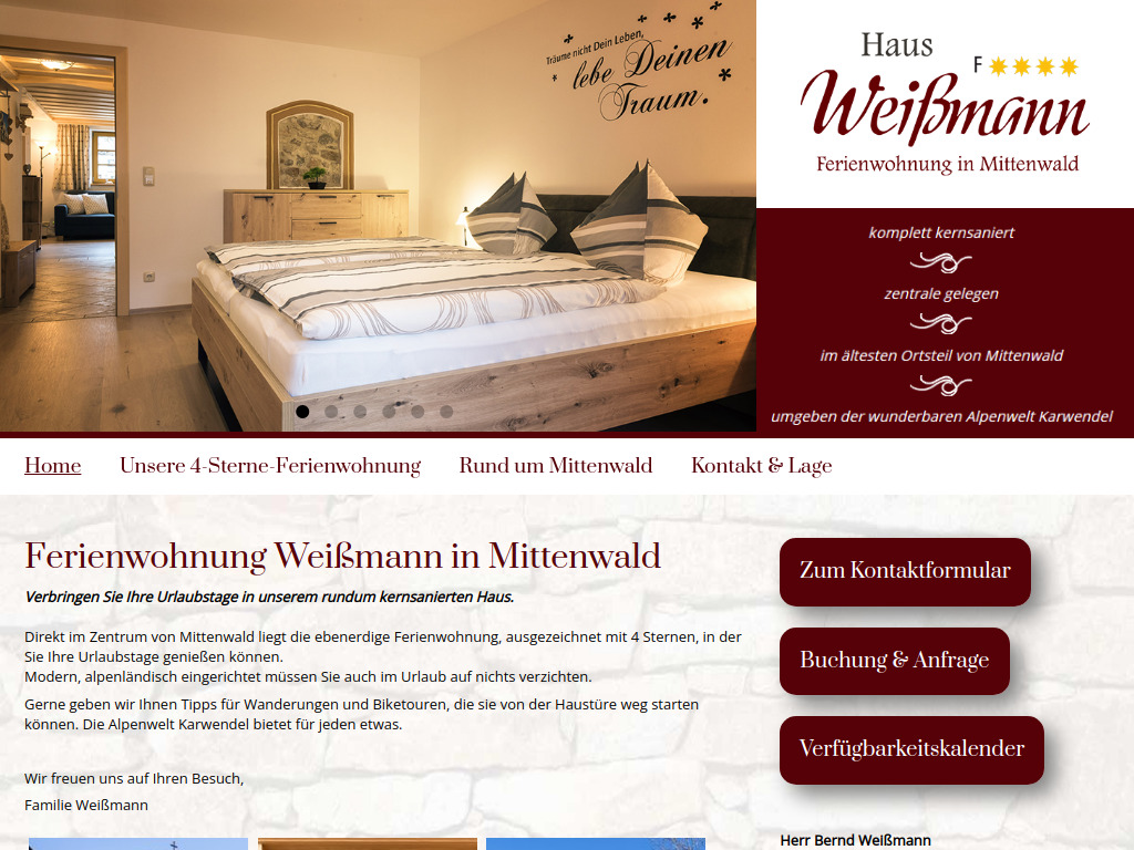 Website von Ferienwohnung Weissmann in Mittenwald