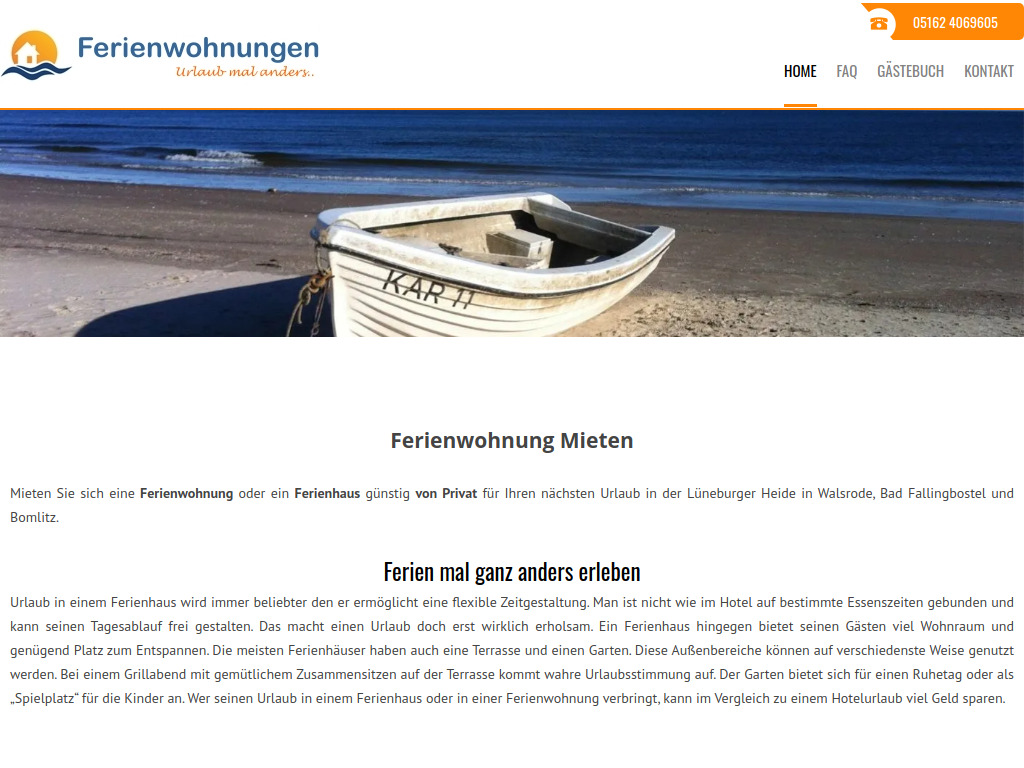 Website von Ferienhaus Bad Fallingbostel Walsrode Soltau Ferienwohnung in Bomlitz