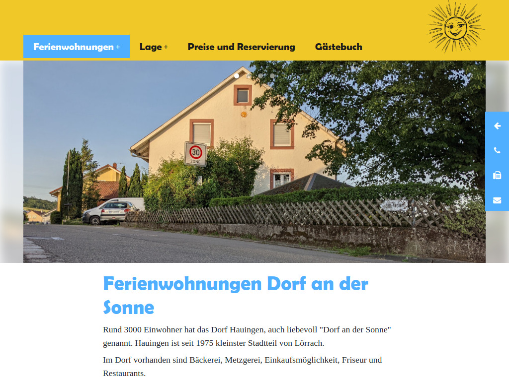 Website von Ferienwohnungen "Dorf an der Sonne" in Lörrach-Hauingen