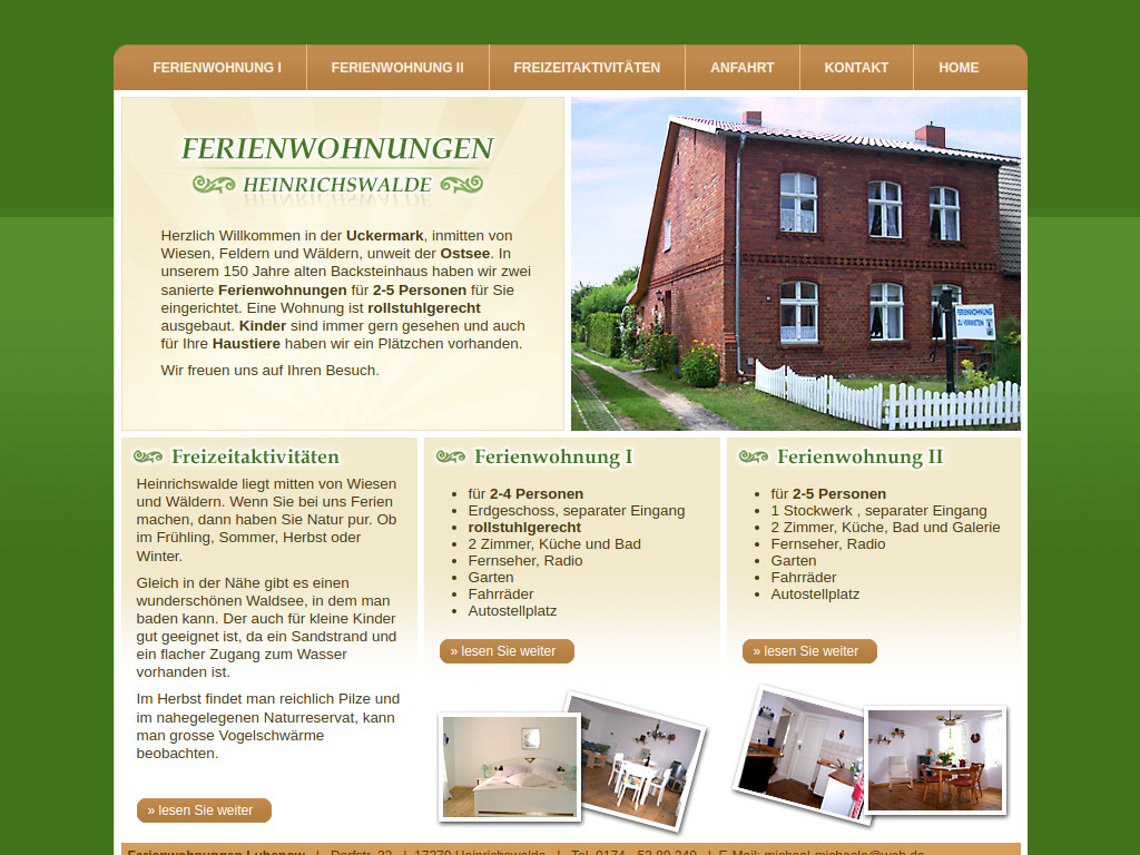 Website von Ferienwohnungen Lubenow in Heinrichswalde