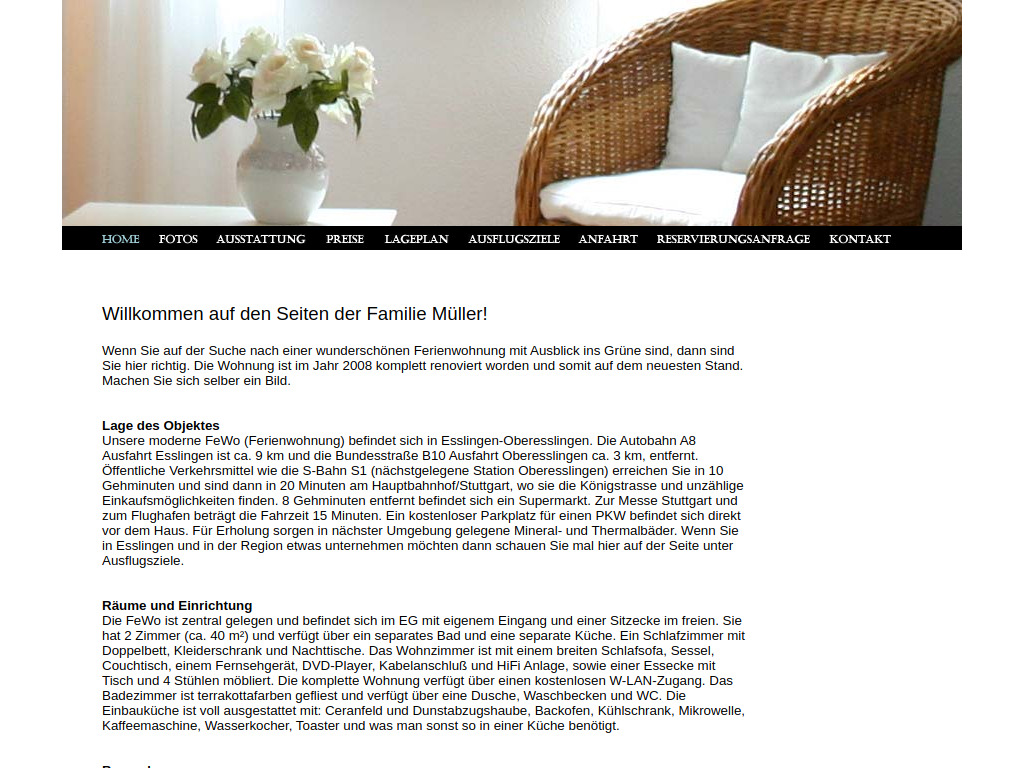 Website von Ferienwohnung der Familie Müller in Esslingen in Esslingen