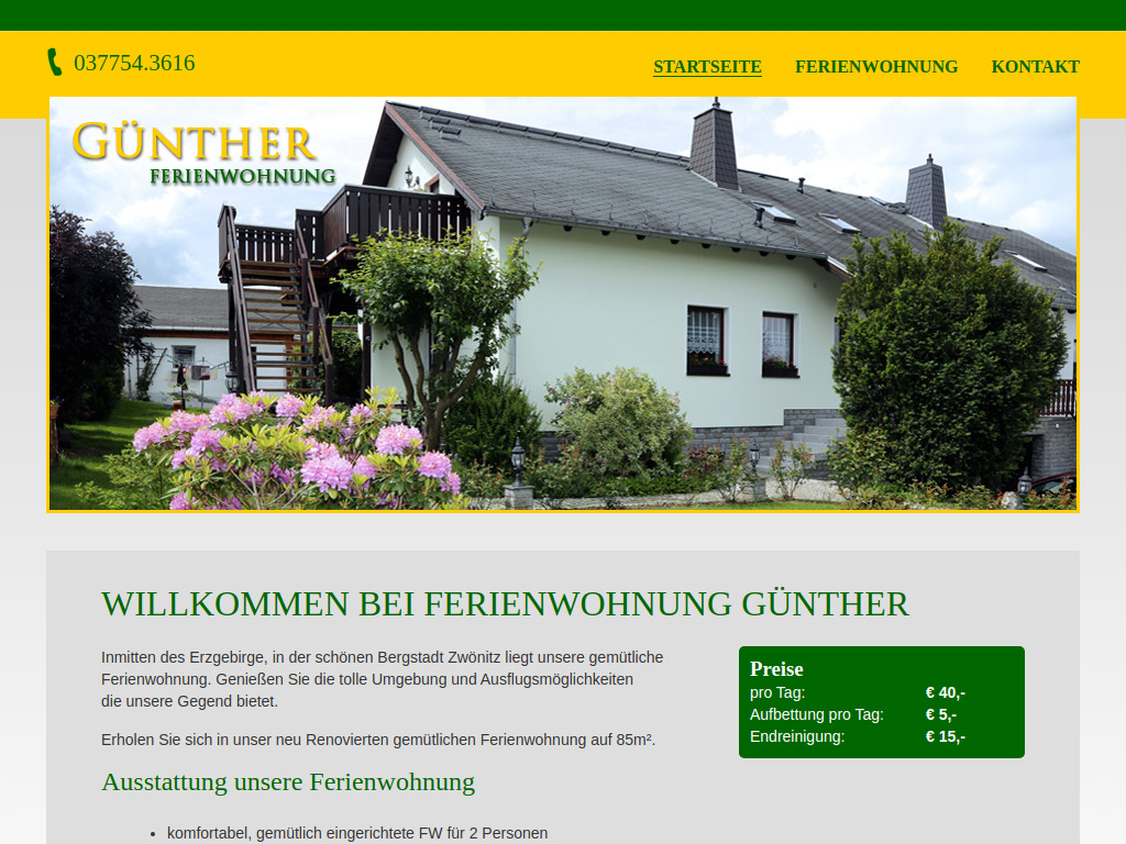 Website von Ferienwohnung Günther in Zwönitz
