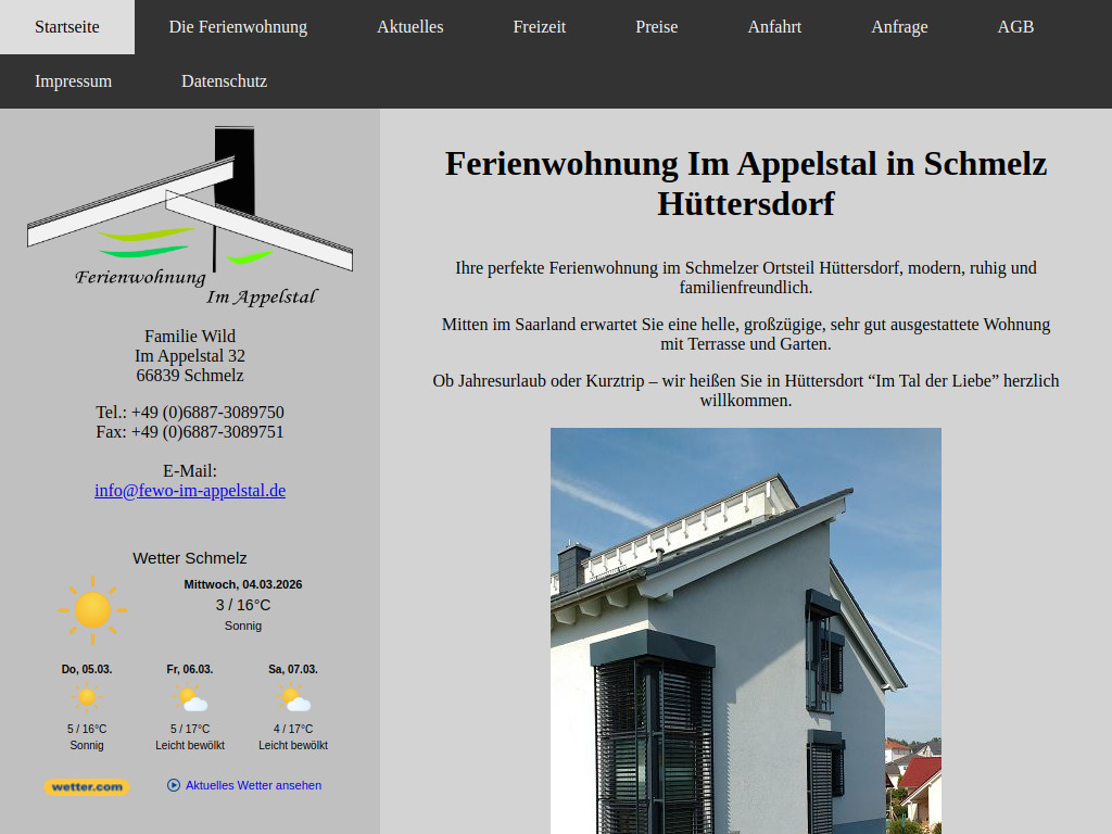 Website von Ferienwohnung Im Appelstal in Schmelz