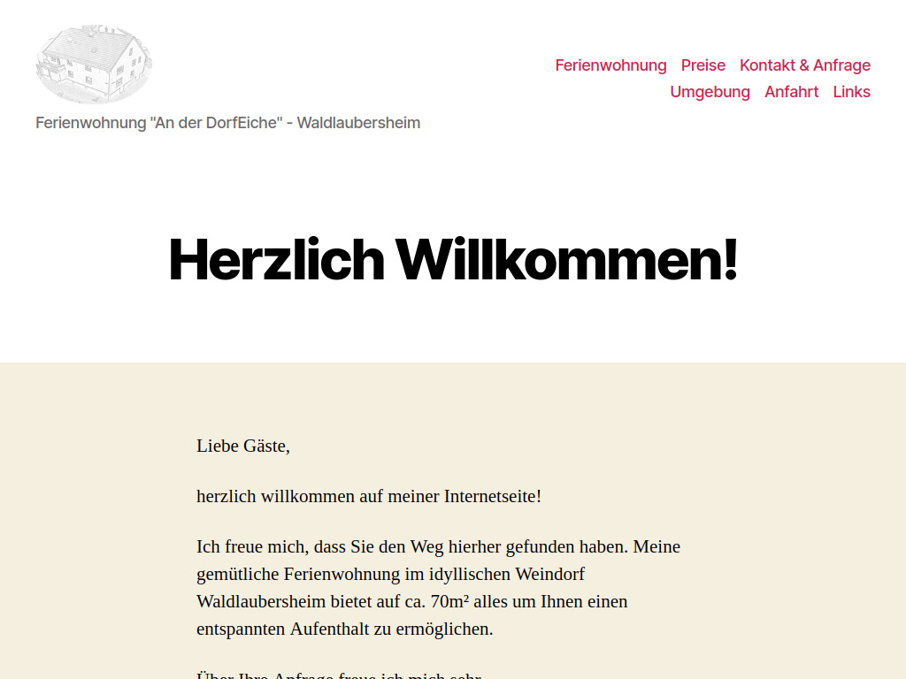 Website von Ferienwohnung "An der DorfEiche" in Waldlaubersheim