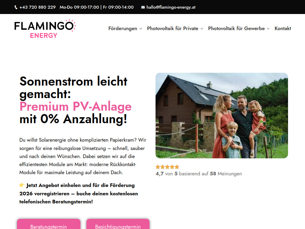 Website von Flamingo Energy GmbH in Wiener Neudorf