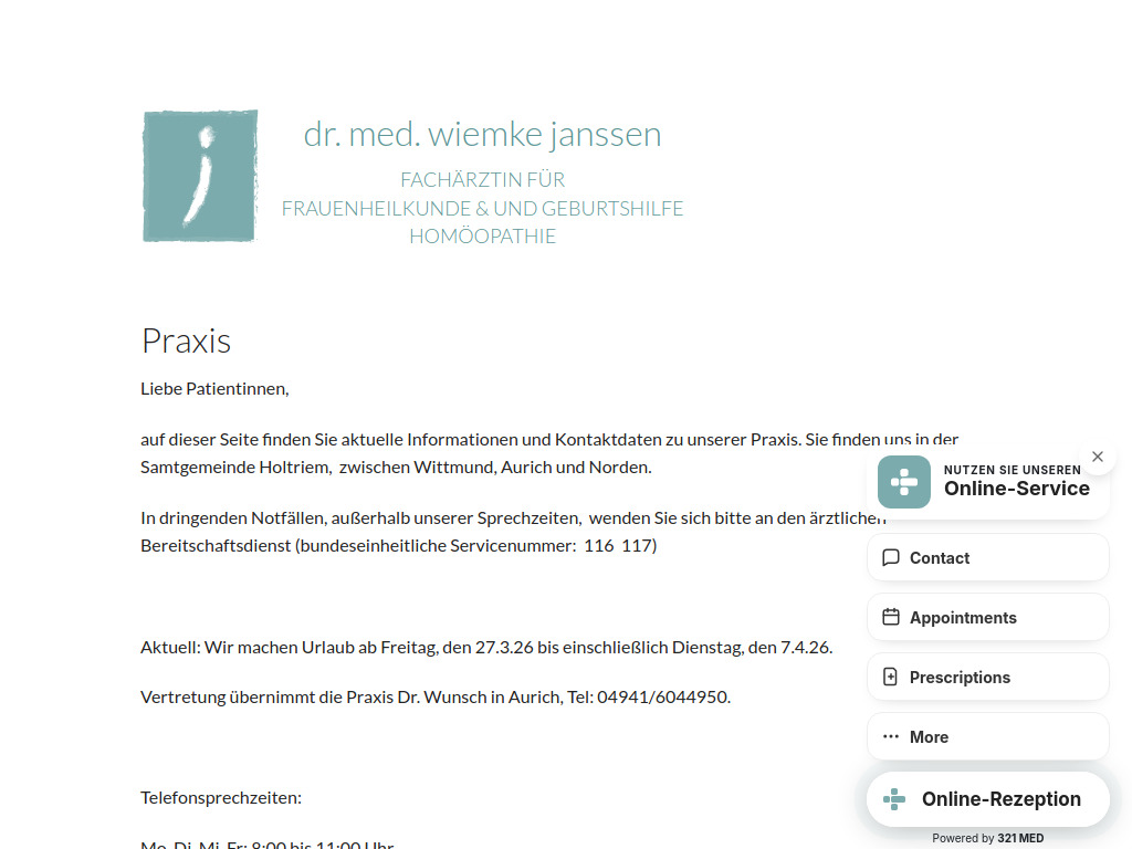 Website von Dr. med. Wiemke Janssen in Westerholt