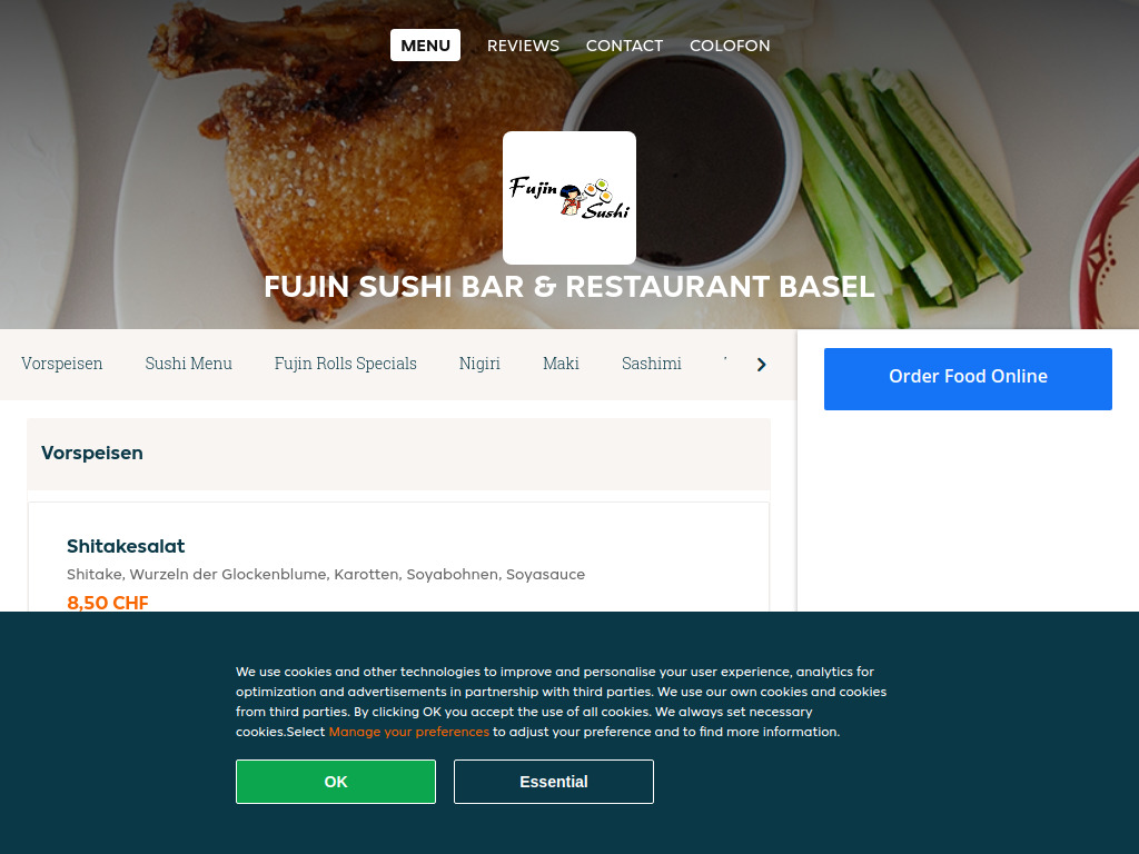 Website von Fujin Sushi Bar & Restaurant Basel - Order food online in Basel in Basel