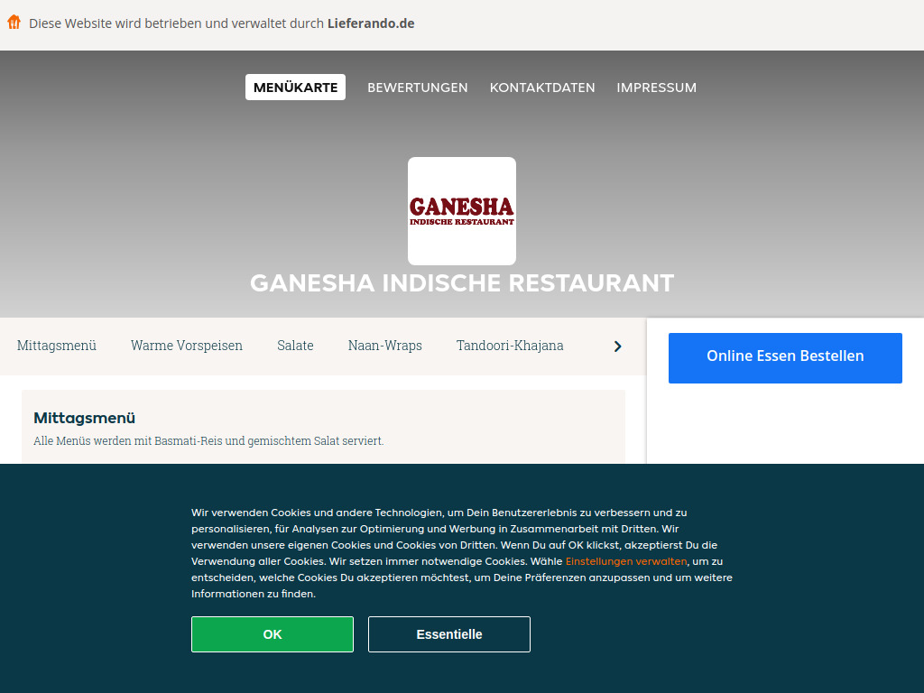 Website von Ganesha Indische Restaurant - Essen online bestellen in München