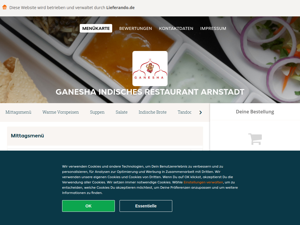 Website von Ganesha Indisches Restaurant Arnstadt - Essen online bestellen in Arnstadt in Arnstadt