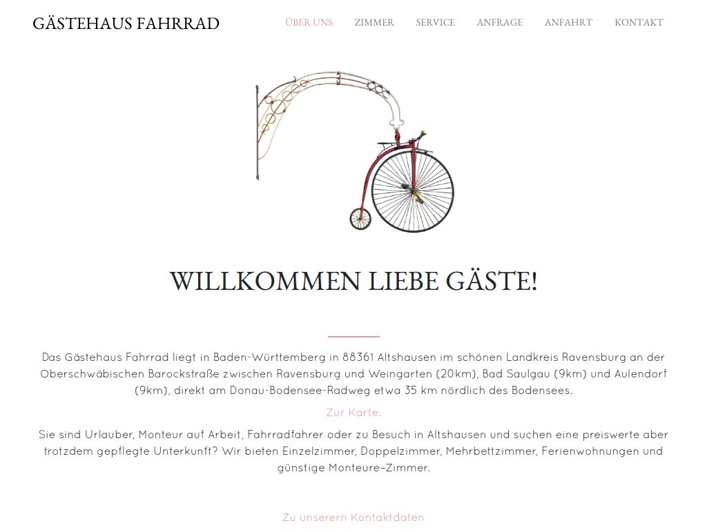 Website von Gästehaus Fahrrad in Altshausen