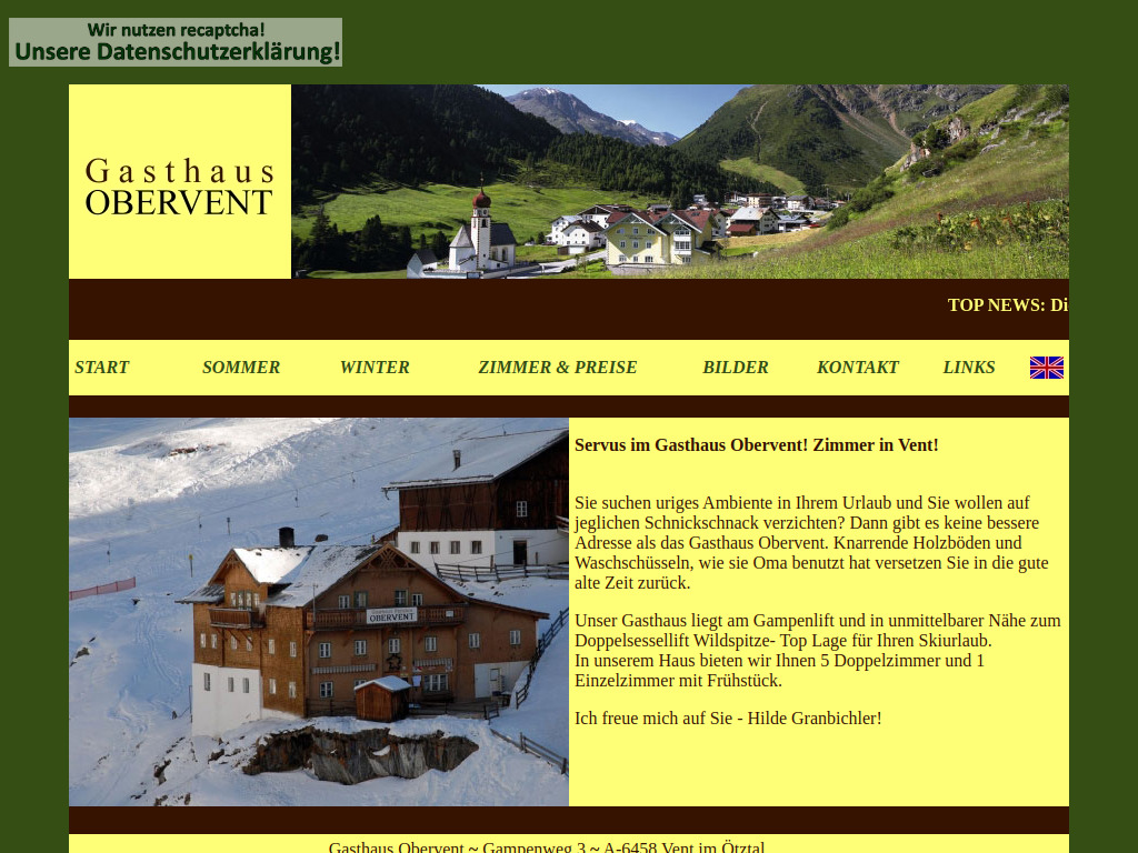 Website von Gasthaus Obervent in Vent im Ötztal