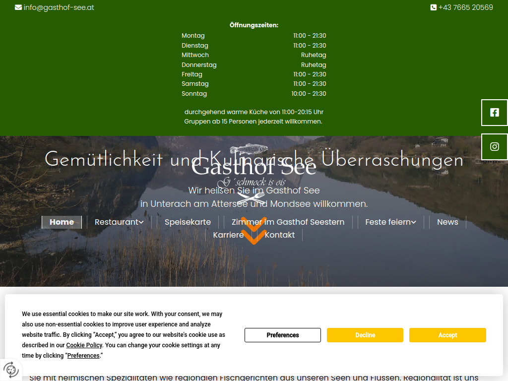 Website von Gasthof See Restaurant Mondsee am Mondsee / Attersee in Unterach am Attersee