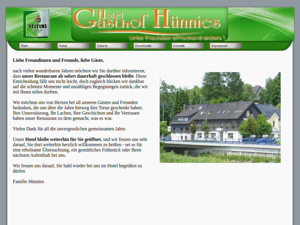 Website von Hotel Gasthof Hünnies in Menden