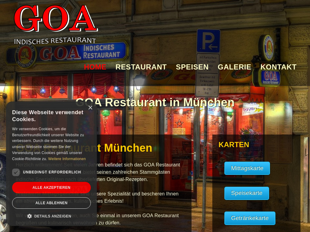 Website von GOA Restaurant in München