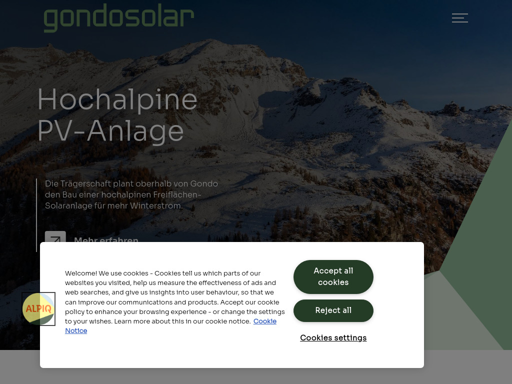 Website von Das Projekt Gondosolar: Hochalpine PV-Anlage
