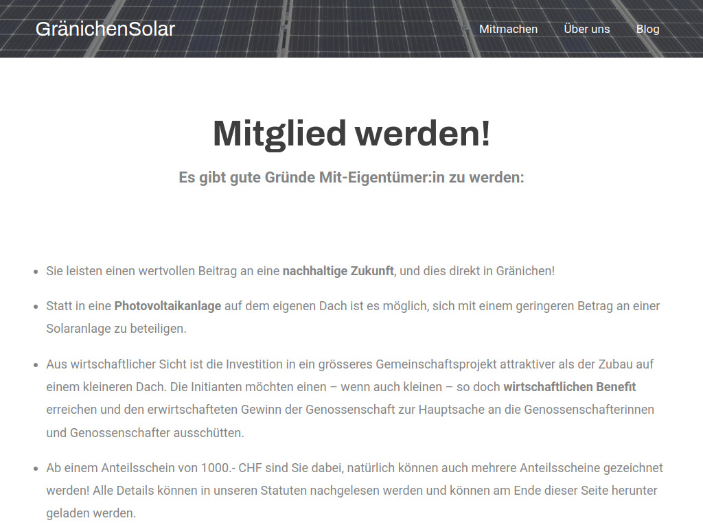 Website von Genossenschaft GränichenSolar in Gränichen