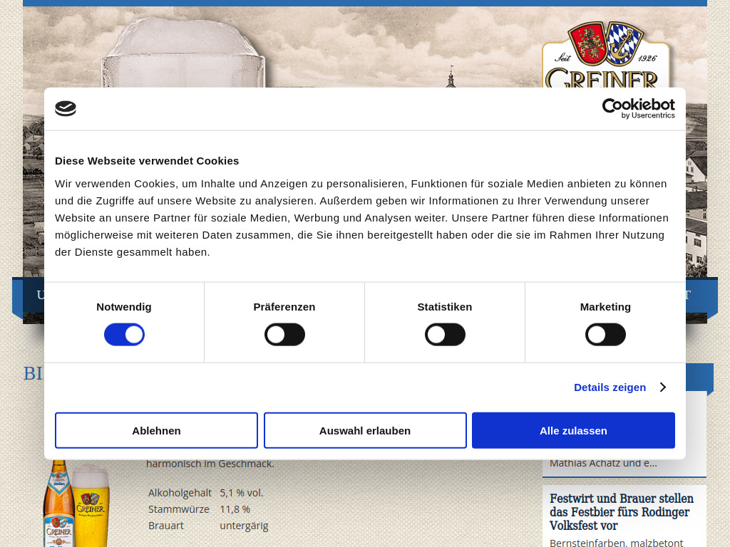 Website von Brauerei Greiner in Roding