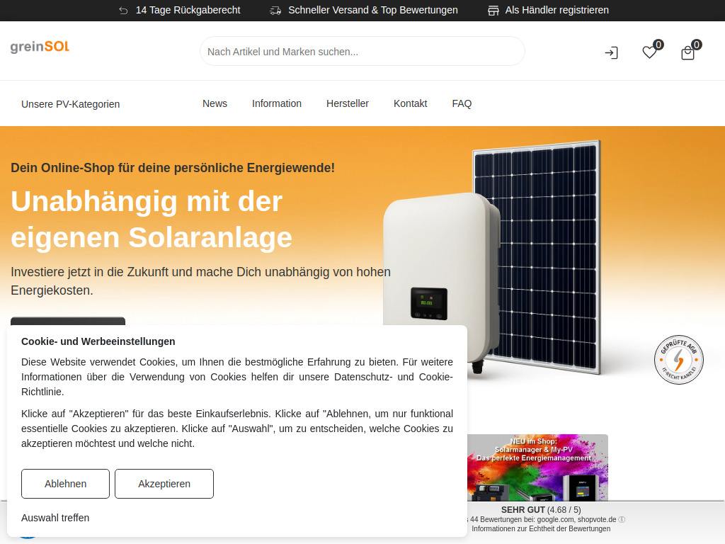 Website von greinSOLAR in Willich