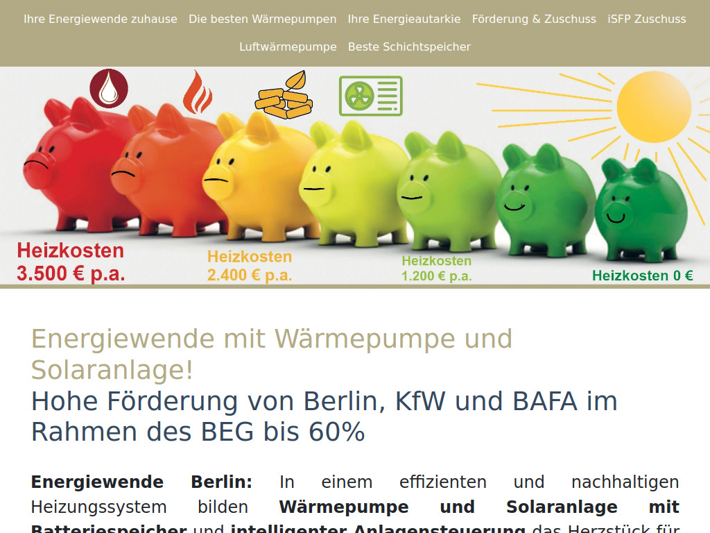 Website von Wärmepumpe Solaranlage Energiewende Berlin 60% Förderung