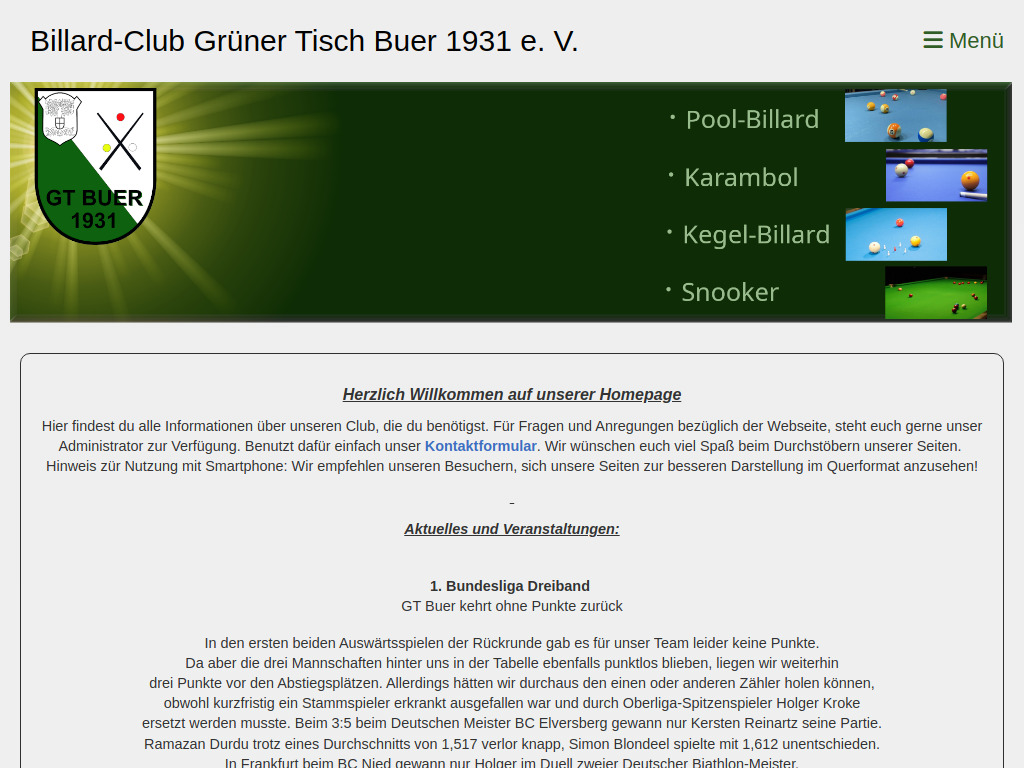 Website von Billard-Club Grüner Tisch Buer 1931 e. V. in Herten