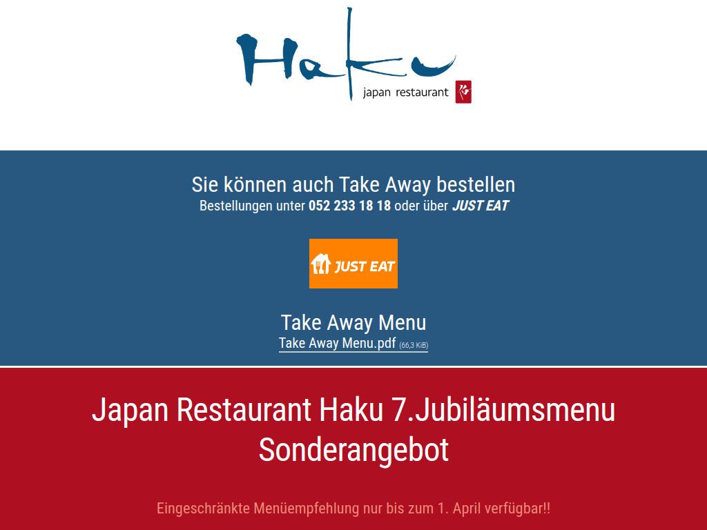 Website von haku - japan restaurant in Winterthur