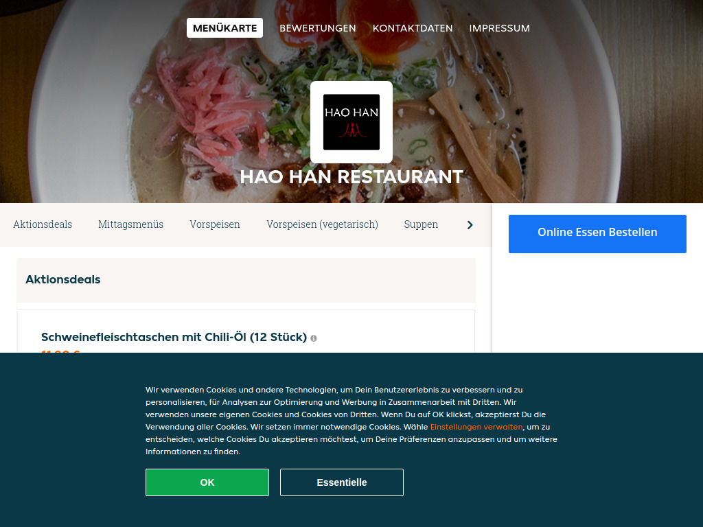 Website von Hao Han Restaurant - Essen online bestellen in Wien
