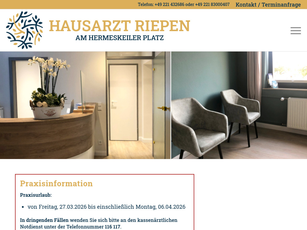 Website von Hausarzt Dr. med. Jan Moritz Riepen in Köln