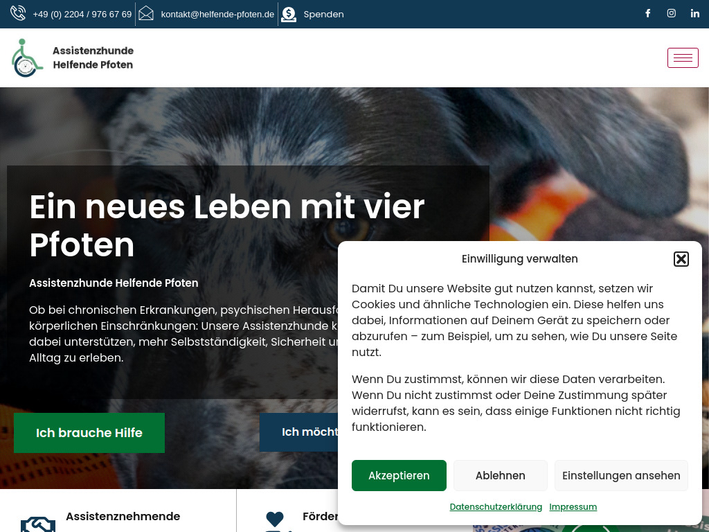 Website von Assistenzhunde Helfende Pfoten gGmbH in Overath