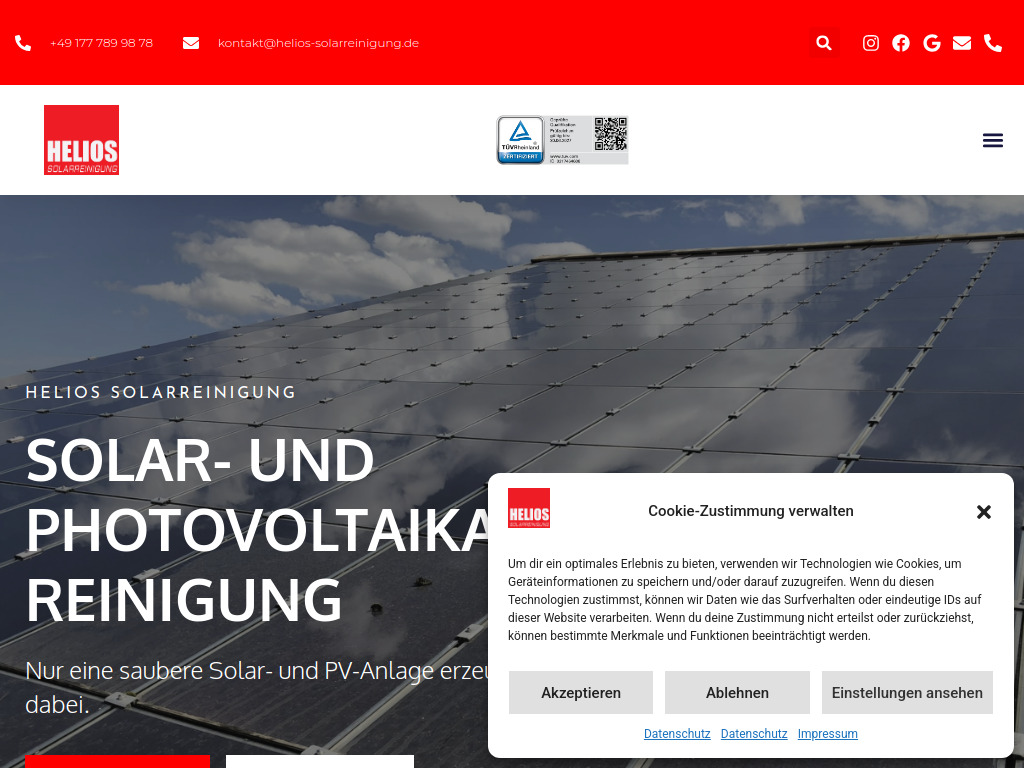 Website von Helios Solarreinigung in Euskirchen